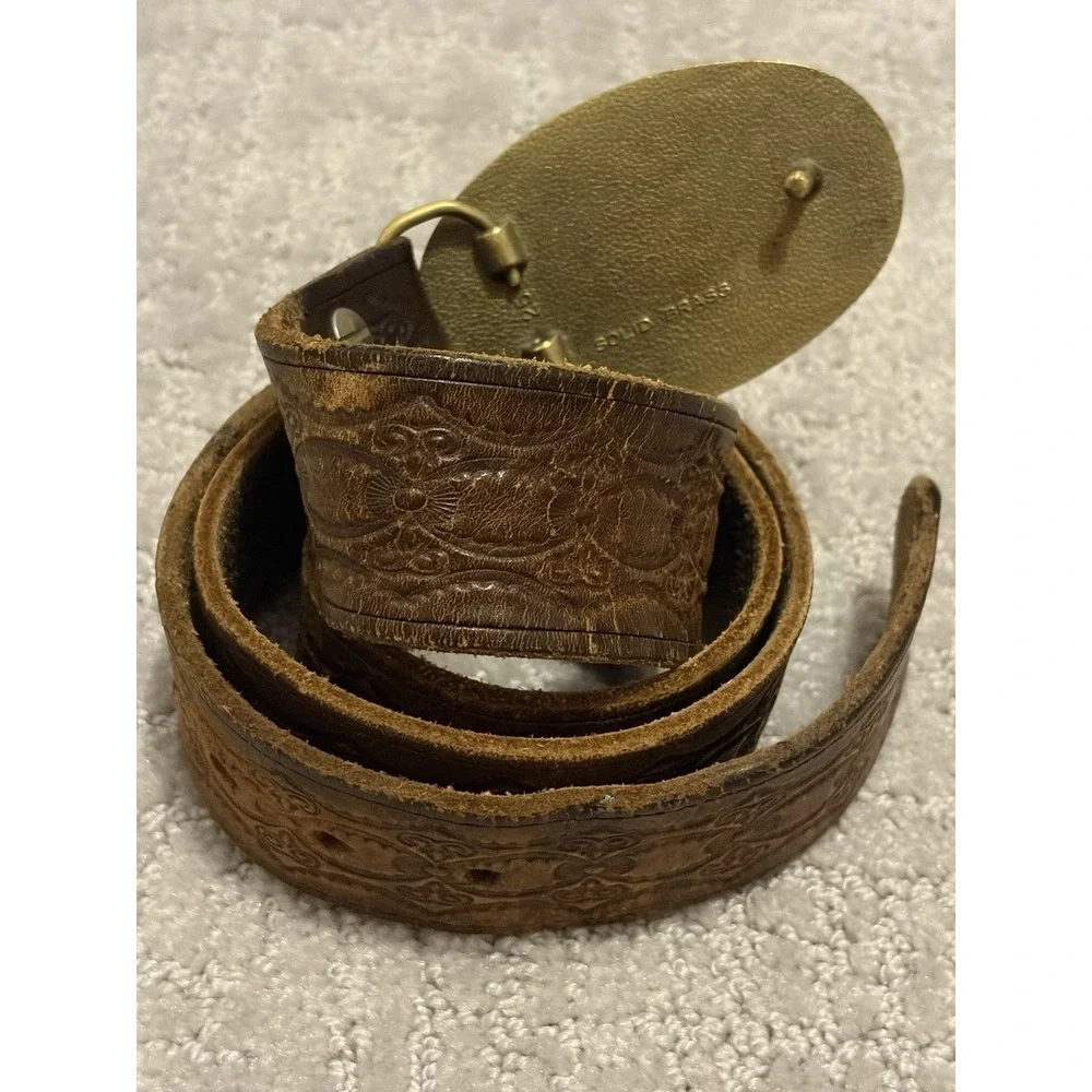 Vintage Brass Belt Buckle With Leather Belt Mallard Duck 70s 80s VTG